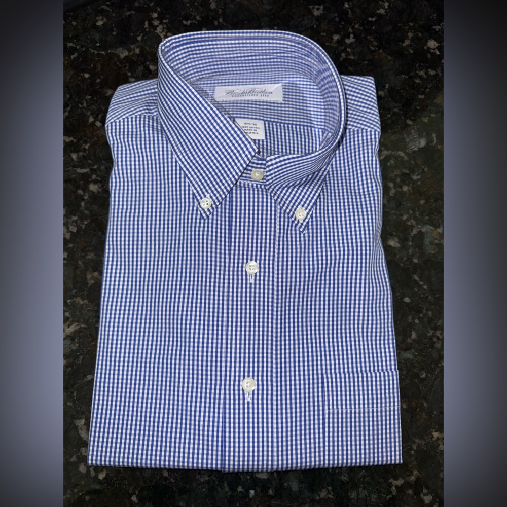 NOS VTG Brooks Brothers Shirt Mens 16 1/2-35 Blue White Makers Gingham Plaid V